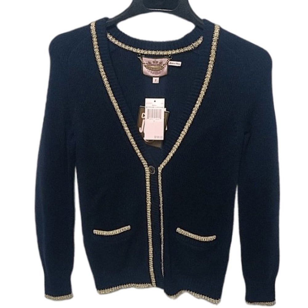 NWT Juicy Couture Regal Boyfriend Blue and Gold Cardigan Size Petite w Pockets
